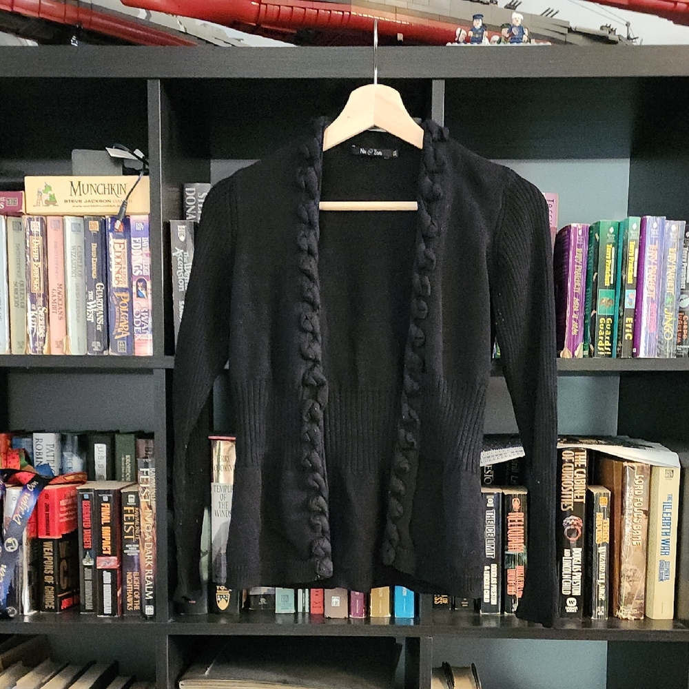 NIC+ZOE Black Open-Front Braided-Trim Cardigan